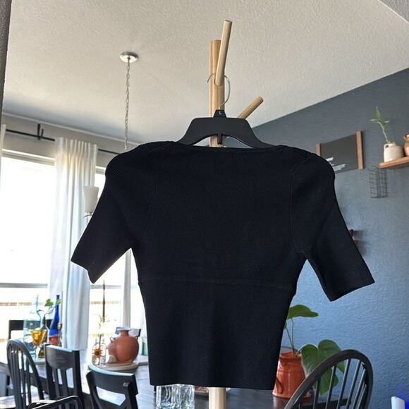 NWOT Free People Teagan Swit 1/4 Short Sleeve Ribbed V-Neck Top Fitted Black XS - Picture 7 of 8